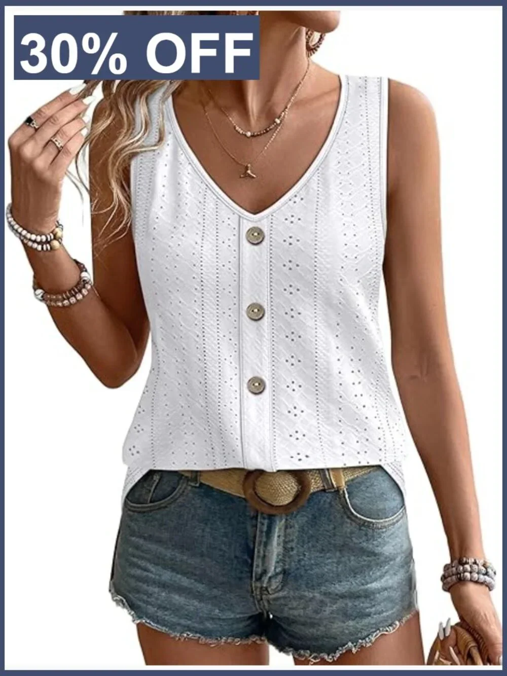 Womens Eyelet V Neck Tank Top Loose Casual Summer Sleeveless Blouse Tunic